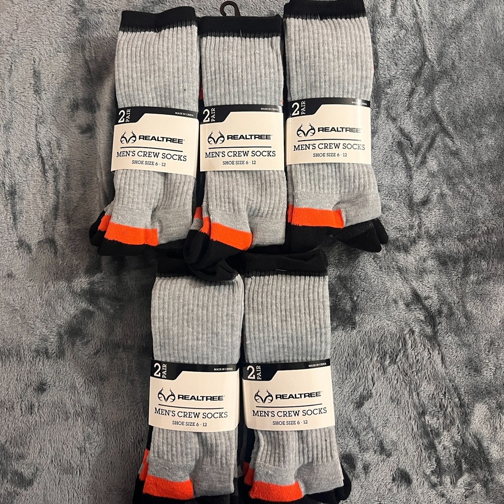 10 Pairs RealTree Men's Crew Socks Size 6-12 (Black/Orange/Gray)